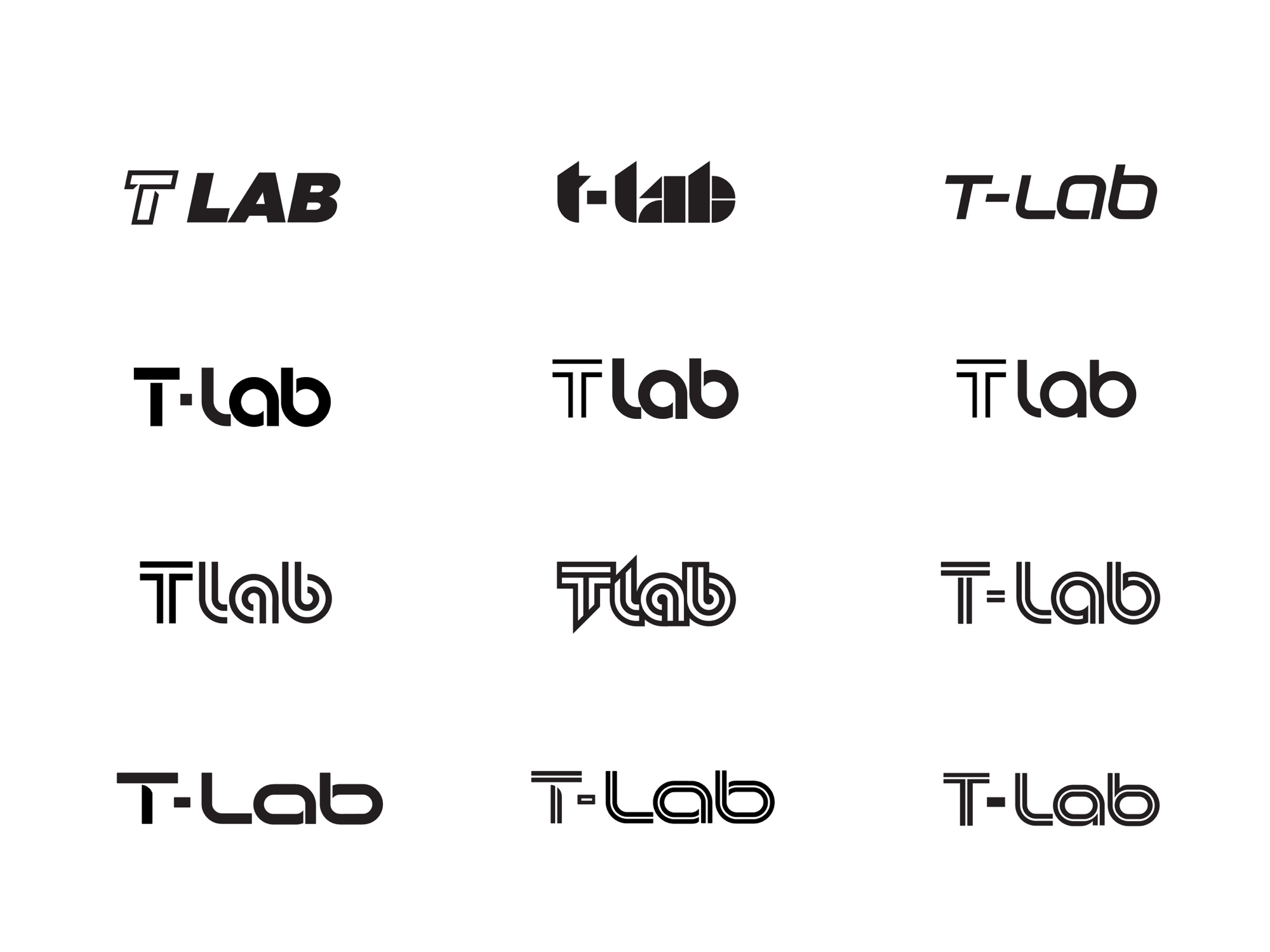 Grid of T-Lab logotype explorations