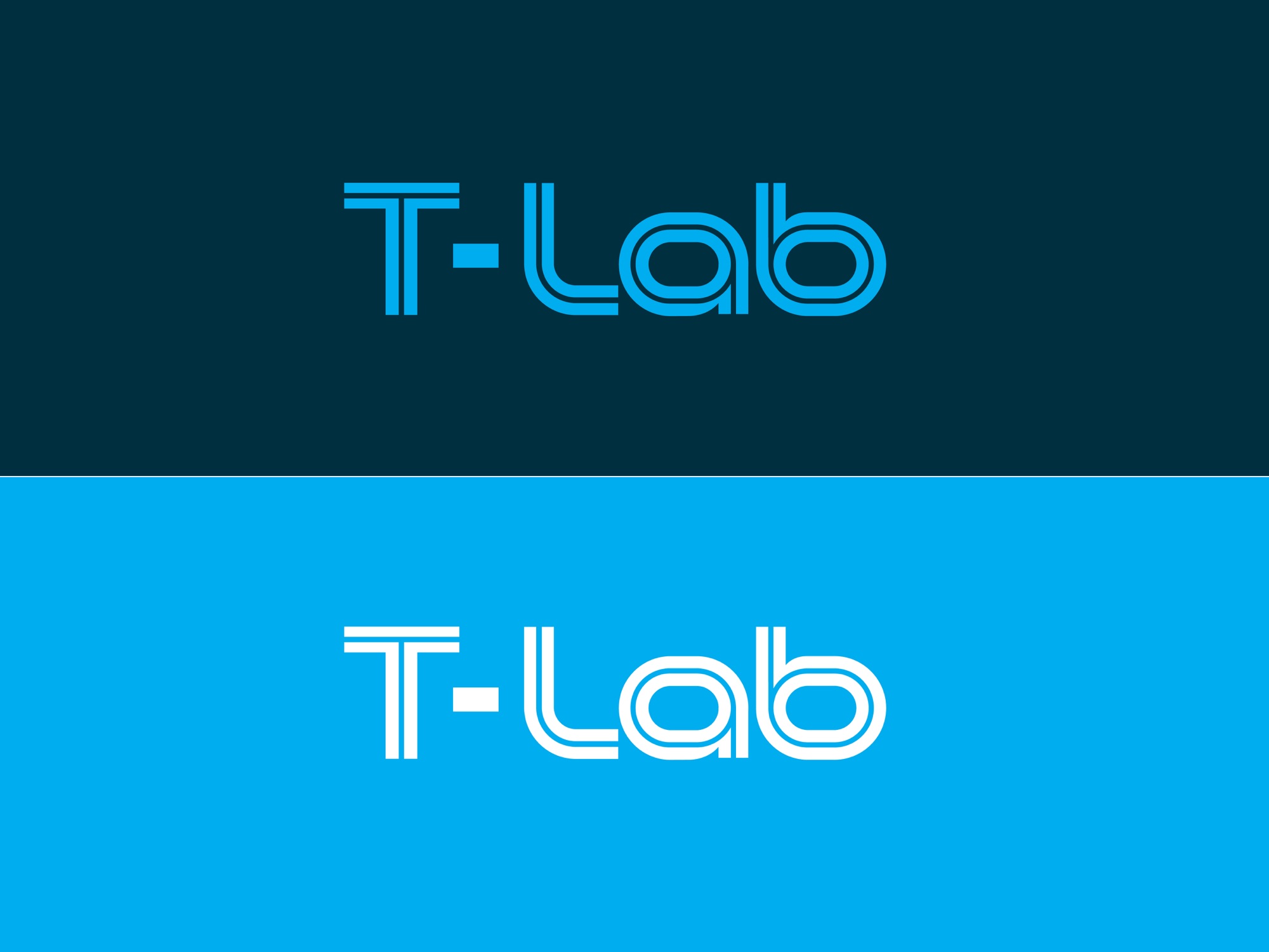 T-Lab logotype reversed on navy and on sky blue