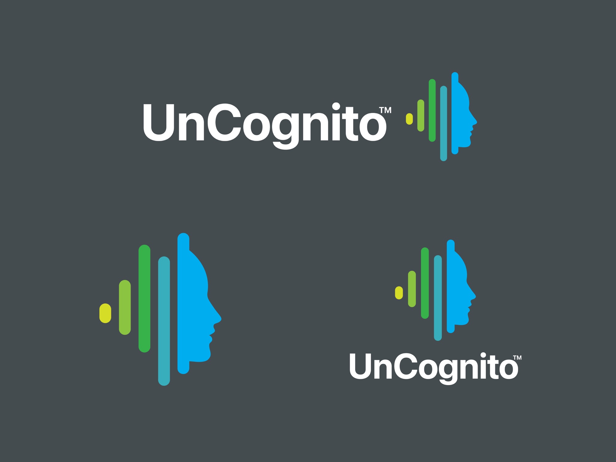 UnCognito logo lockups reversed on a dark background